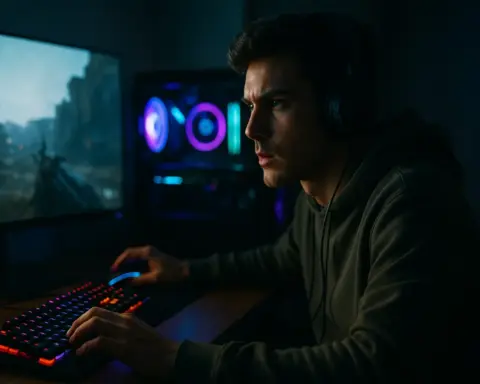 Joven concentrado jugando en un ordenador gaming iluminado con luces RGB, simbolizando el alto consumo eléctrico de un PC potente.