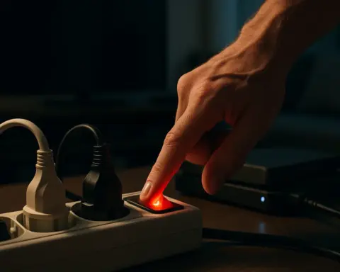 Primer plano de una mano apagando el interruptor de una regleta donde está enchufada la televisión, simbolizando la eliminación del consumo fantasma.