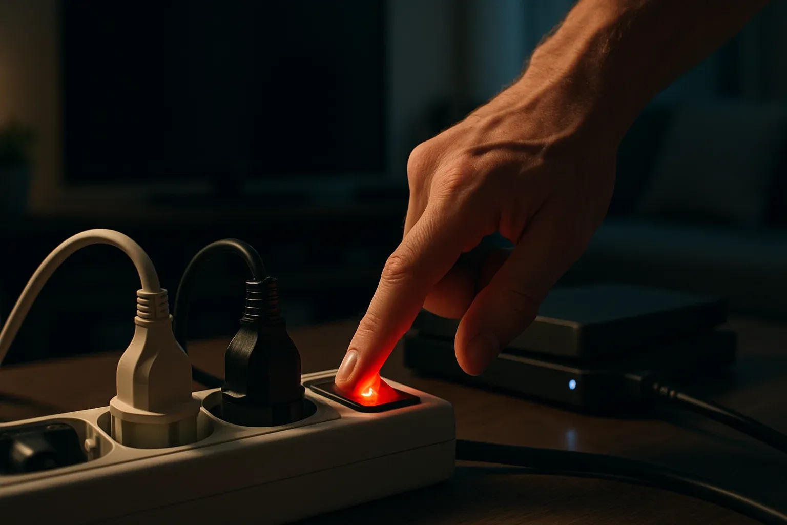 Primer plano de una mano apagando el interruptor de una regleta donde está enchufada la televisión, simbolizando la eliminación del consumo fantasma.