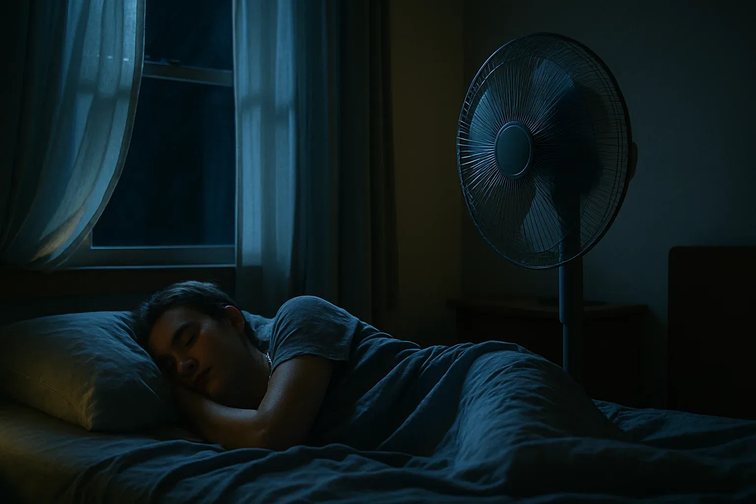Persona durmiendo tranquilamente en una noche de verano con un ventilador encendido, simbolizando el bajo consumo y el confort que ofrece.