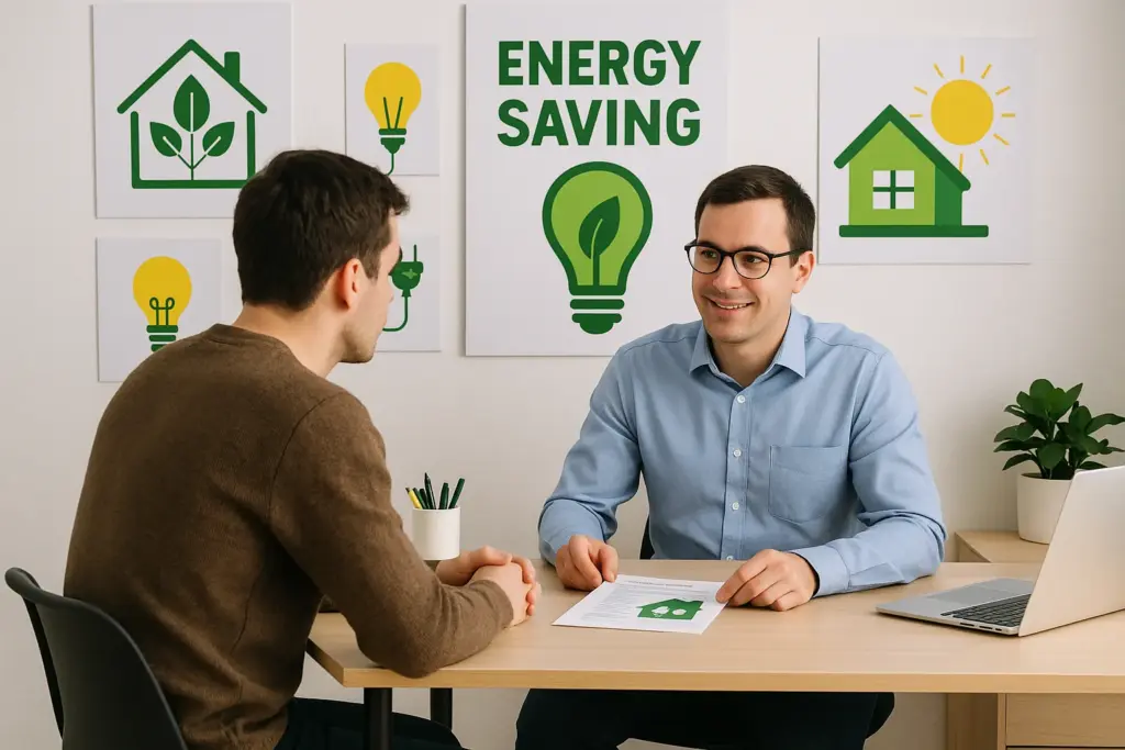 Asesor energético explicando opciones de ahorro a un cliente en una oficina, con carteles de sostenibilidad en la pared, representando atención profesional en eficiencia energética para el hogar