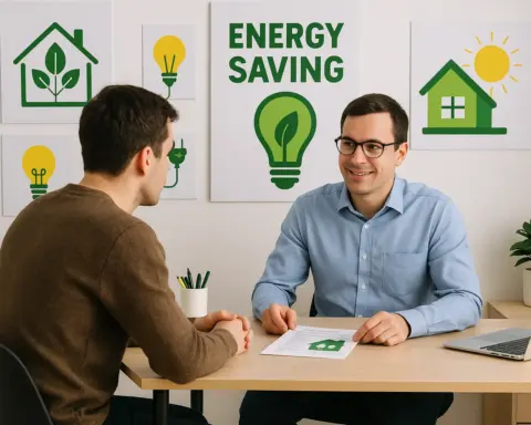 Asesor energético explicando opciones de ahorro a un cliente en una oficina, con carteles de sostenibilidad en la pared, representando atención profesional en eficiencia energética para el hogar