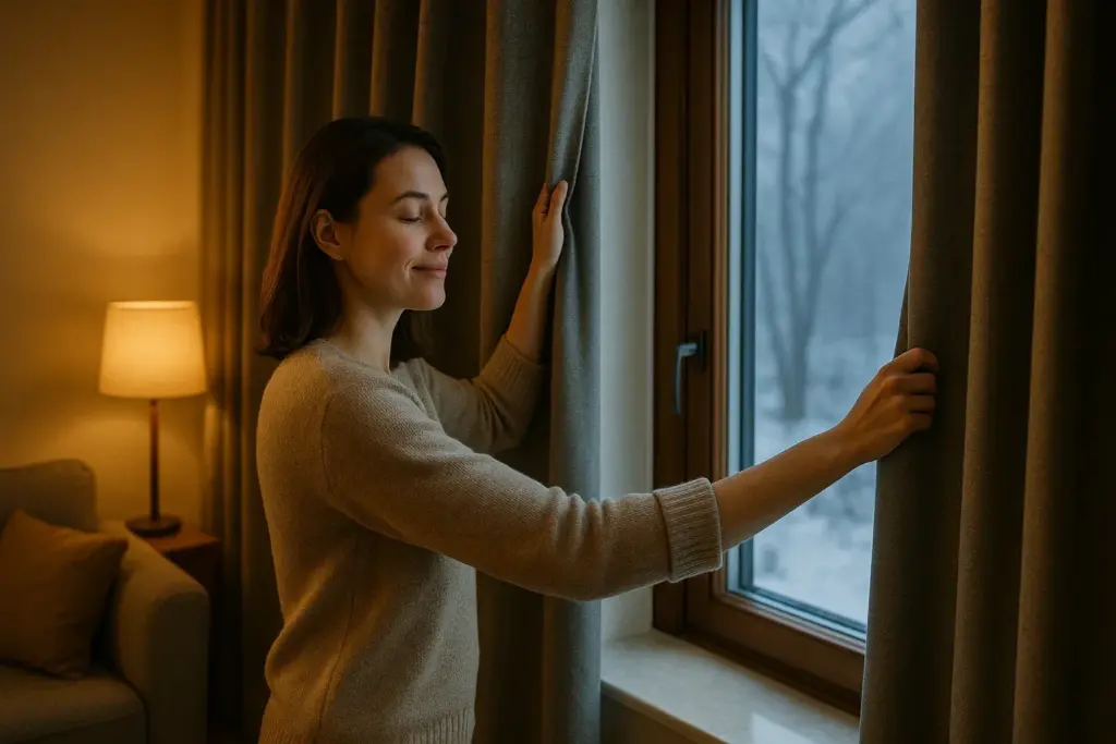 Mujer cerrando una gruesa cortina térmica en su salón para aislar la ventana del frío exterior, simbolizando el ahorro energético y el confort en el hogar.