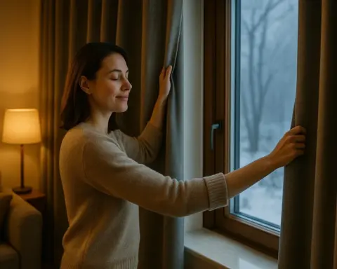 Mujer cerrando una gruesa cortina térmica en su salón para aislar la ventana del frío exterior, simbolizando el ahorro energético y el confort en el hogar.