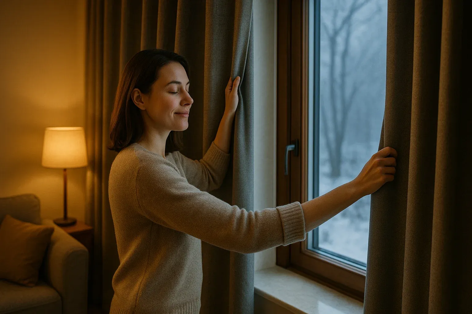 Mujer cerrando una gruesa cortina térmica en su salón para aislar la ventana del frío exterior, simbolizando el ahorro energético y el confort en el hogar.