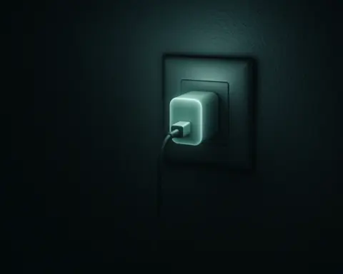 Cargador enchufado emitiendo un brillo, simbolizando el consumo fantasma de energía.
