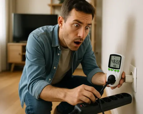 Hombre agachado junto a un enchufe, mirando con sorpresa un detector de consumo eléctrico que revela el gasto fantasma de su televisor y otros aparatos.