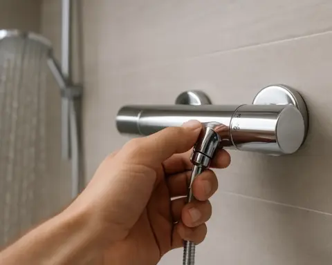 Primer plano de una mano ajustando un grifo termostático en una ducha moderna, simbolizando el control de la temperatura para una ducha eficiente y confortable.