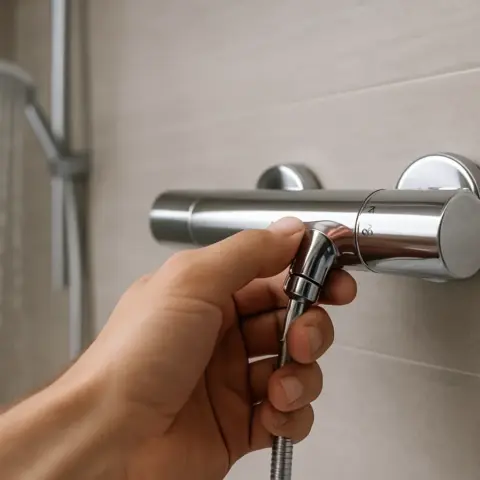 Primer plano de una mano ajustando un grifo termostático en una ducha moderna, simbolizando el control de la temperatura para una ducha eficiente y confortable.