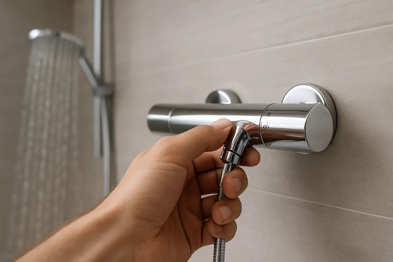 Primer plano de una mano ajustando un grifo termostático en una ducha moderna, simbolizando el control de la temperatura para una ducha eficiente y confortable.