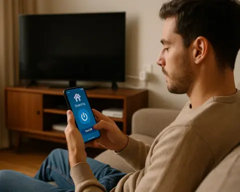 Hombre en su sofá usando el móvil para apagar, a través de un enchufe inteligente, los aparatos electrónicos de su salón, simbolizando el ahorro y control del consumo fantasma.