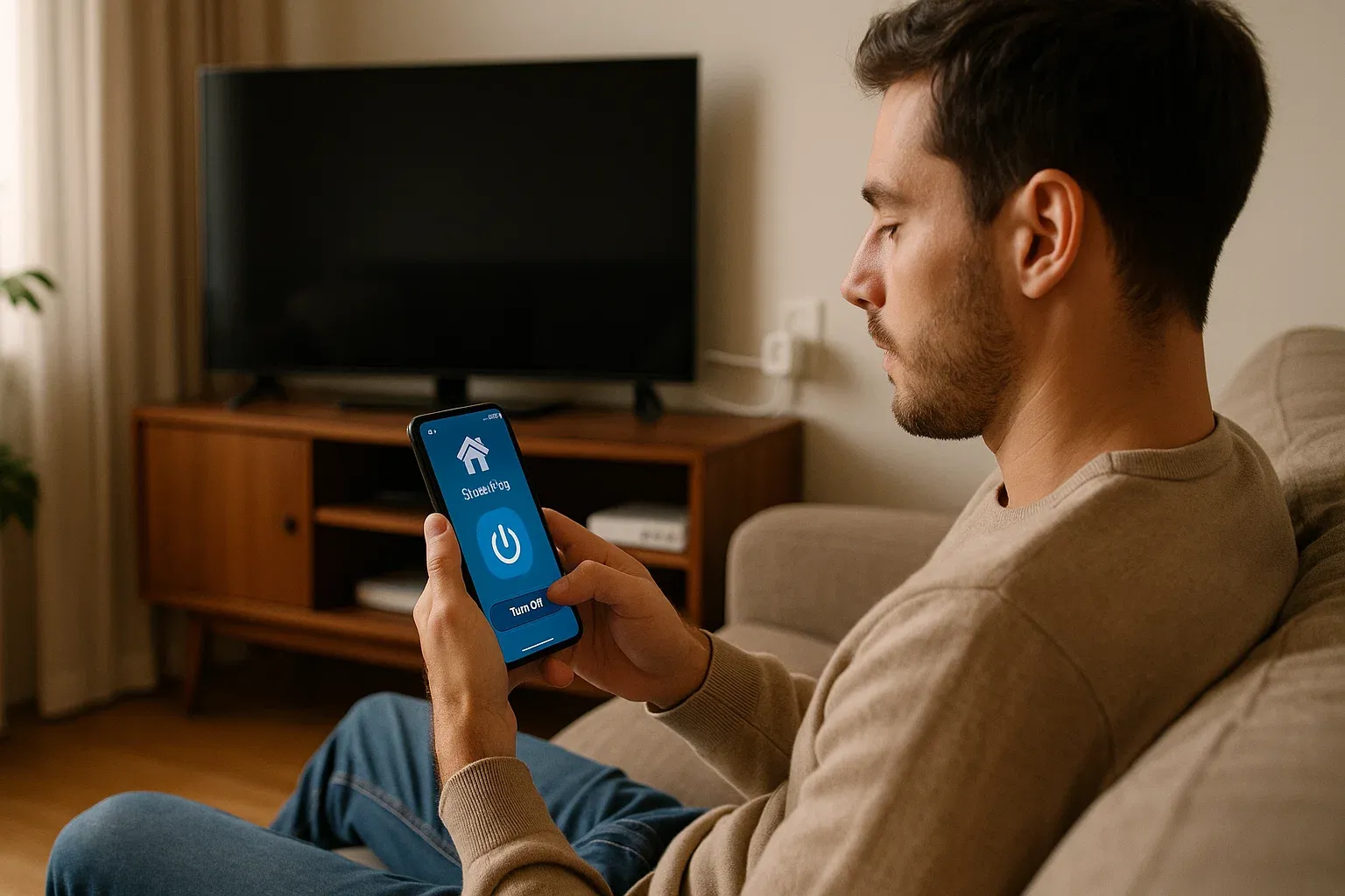 Hombre en su sofá usando el móvil para apagar, a través de un enchufe inteligente, los aparatos electrónicos de su salón, simbolizando el ahorro y control del consumo fantasma.