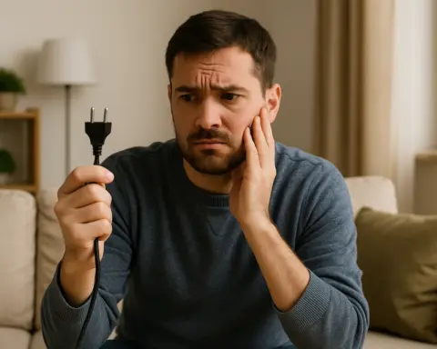 Hombre preocupado sentado en el sofá, sosteniendo un enchufe en la mano, simbolizando dudas o errores comunes relacionados con el ahorro energético en el hogar