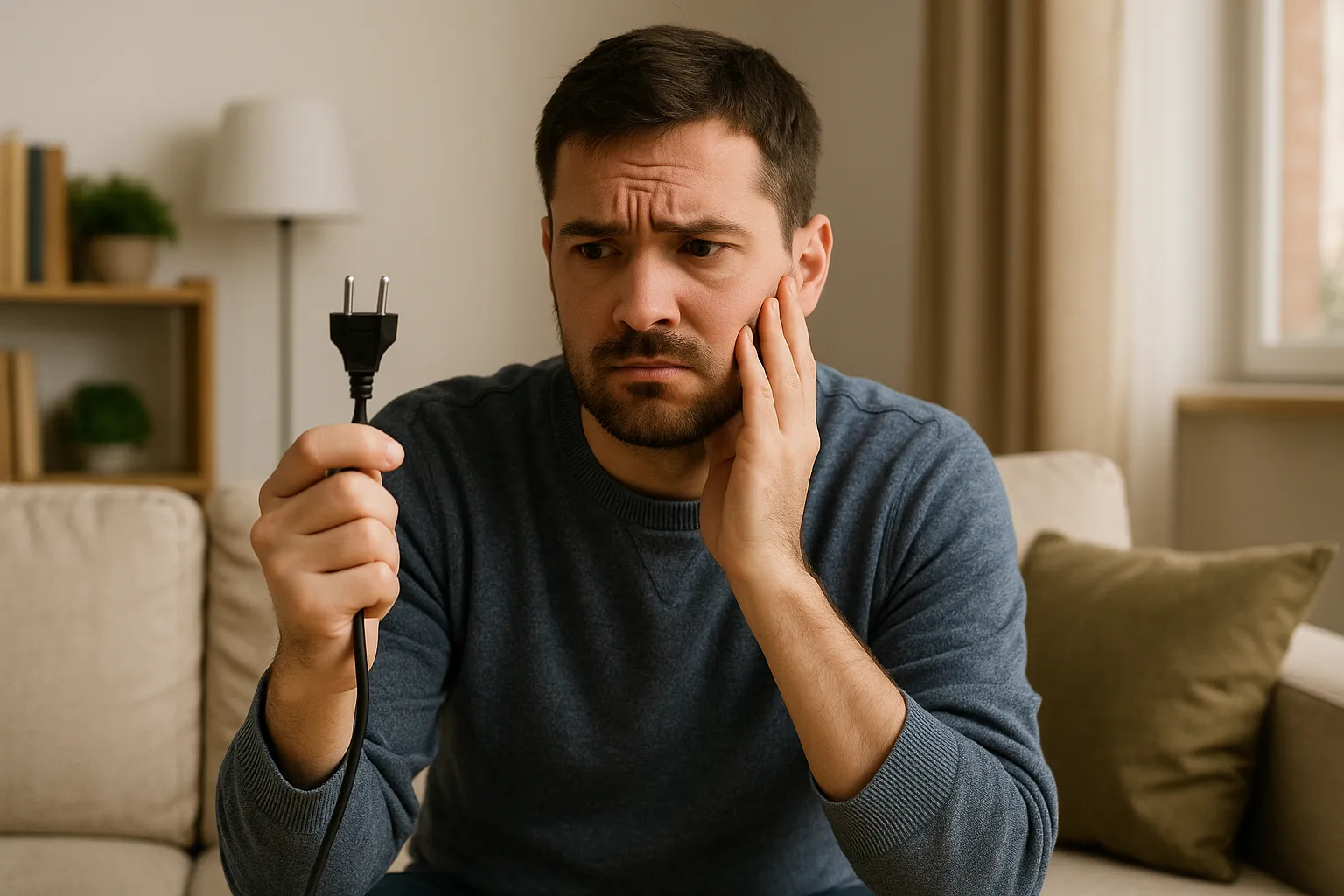 Hombre preocupado sentado en el sofá, sosteniendo un enchufe en la mano, simbolizando dudas o errores comunes relacionados con el ahorro energético en el hogar