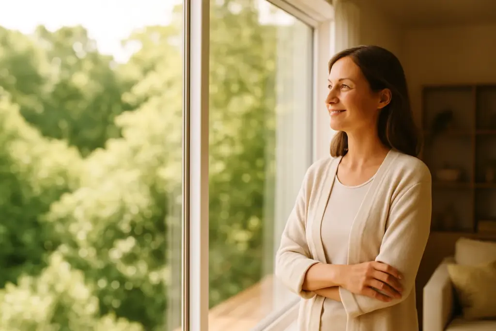 Mujer mirando por la ventana de su casa, rodeada de naturaleza verde, en una escena luminosa y tranquila que transmite bienestar y conexión con el entorno