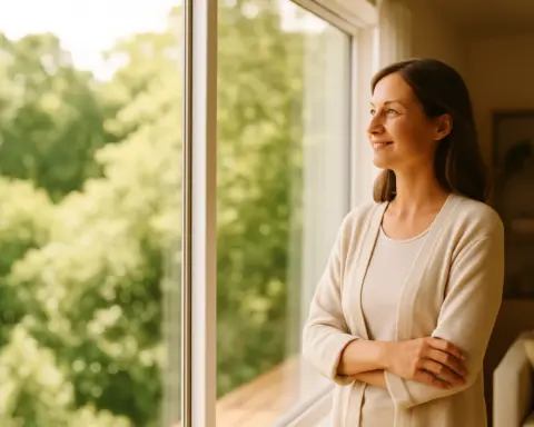 Mujer mirando por la ventana de su casa, rodeada de naturaleza verde, en una escena luminosa y tranquila que transmite bienestar y conexión con el entorno