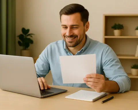 Hombre revisando factura eléctrica reducida en portátil