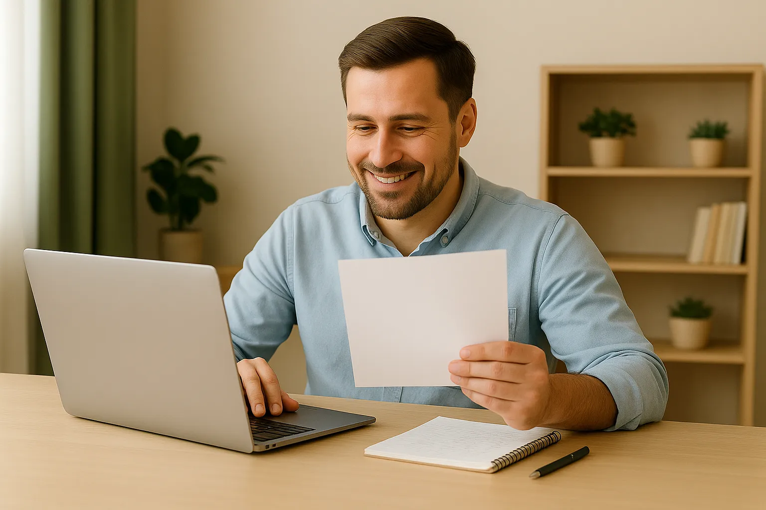 Hombre revisando factura eléctrica reducida en portátil