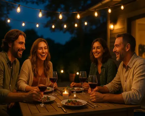 Grupo de amigos cenando en una terraza iluminada por guirnaldas de luces solares, simbolizando la atmósfera acogedora y el ahorro que ofrecen.