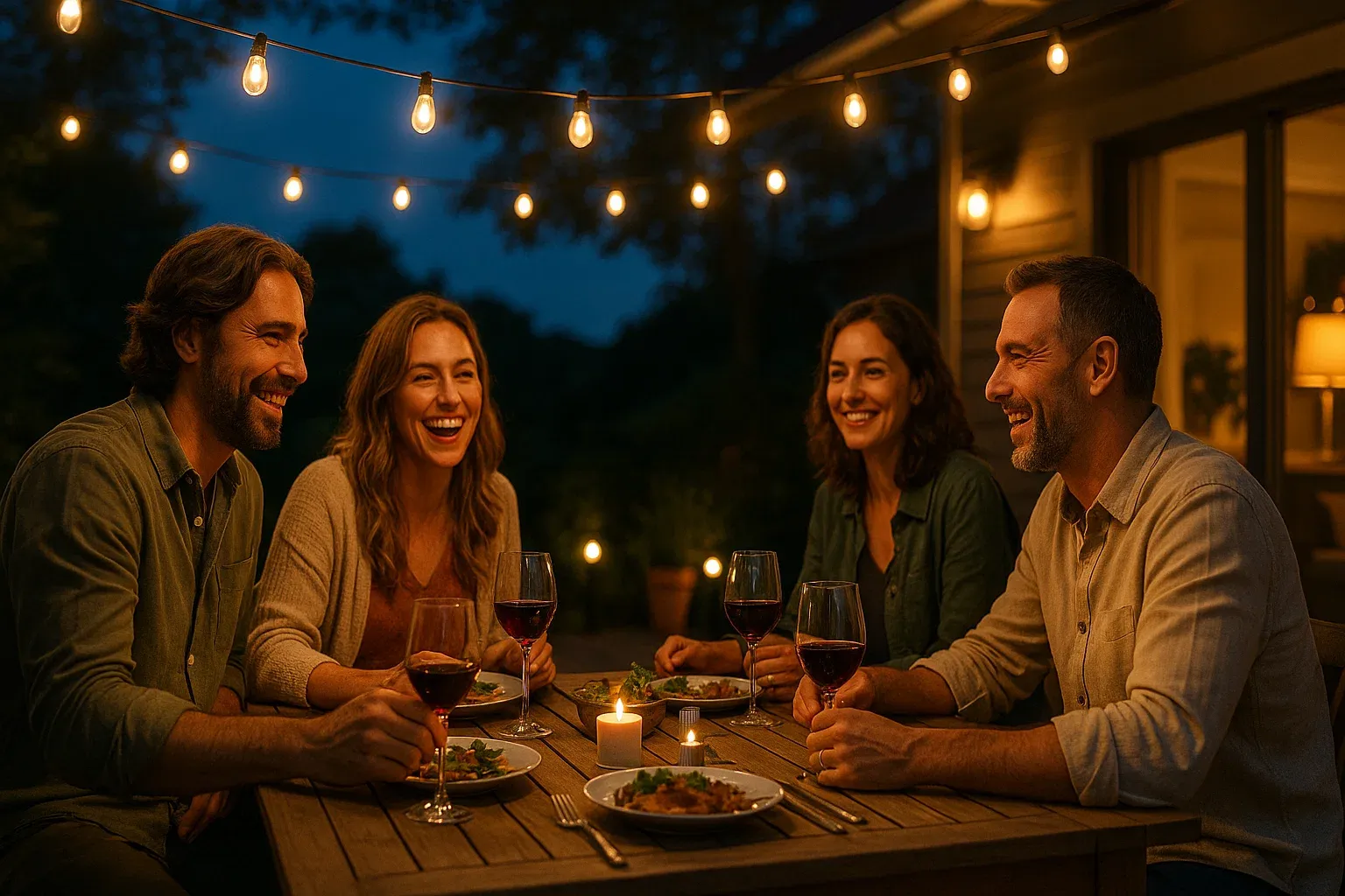 Grupo de amigos cenando en una terraza iluminada por guirnaldas de luces solares, simbolizando la atmósfera acogedora y el ahorro que ofrecen.