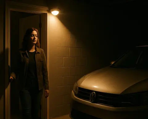 Mujer entrando en su garaje por la noche mientras una luz con sensor de movimiento se enciende automáticamente, simbolizando la comodidad y seguridad de la iluminación inteligente.