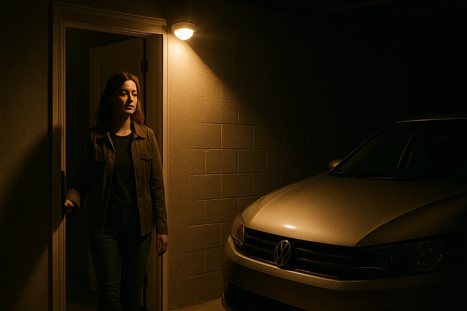 Mujer entrando en su garaje por la noche mientras una luz con sensor de movimiento se enciende automáticamente, simbolizando la comodidad y seguridad de la iluminación inteligente.