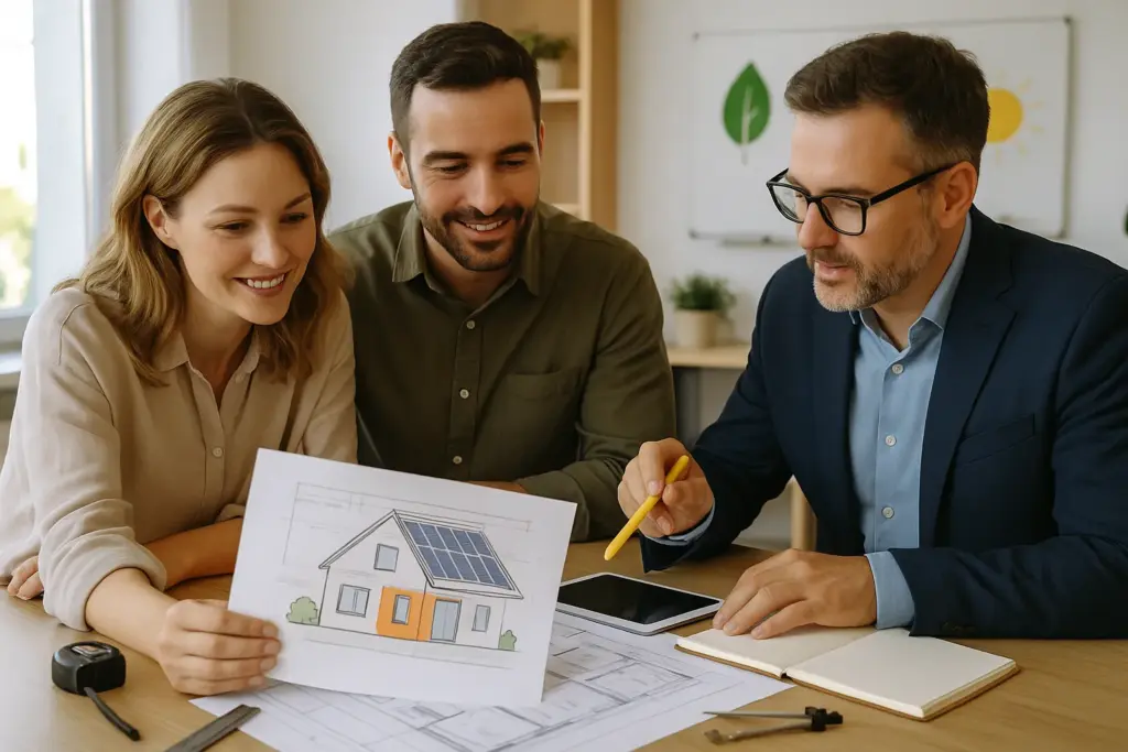 Pareja revisando planos de reforma energética con arquitecto en estudio luminoso