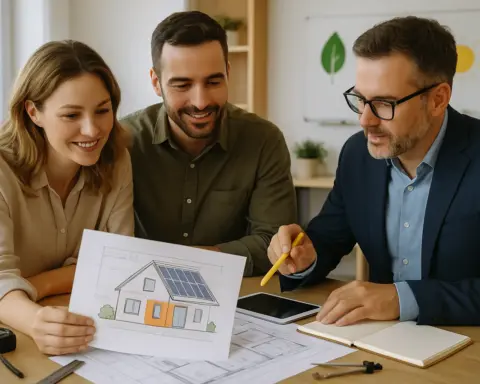 Pareja revisando planos de reforma energética con arquitecto en estudio luminoso