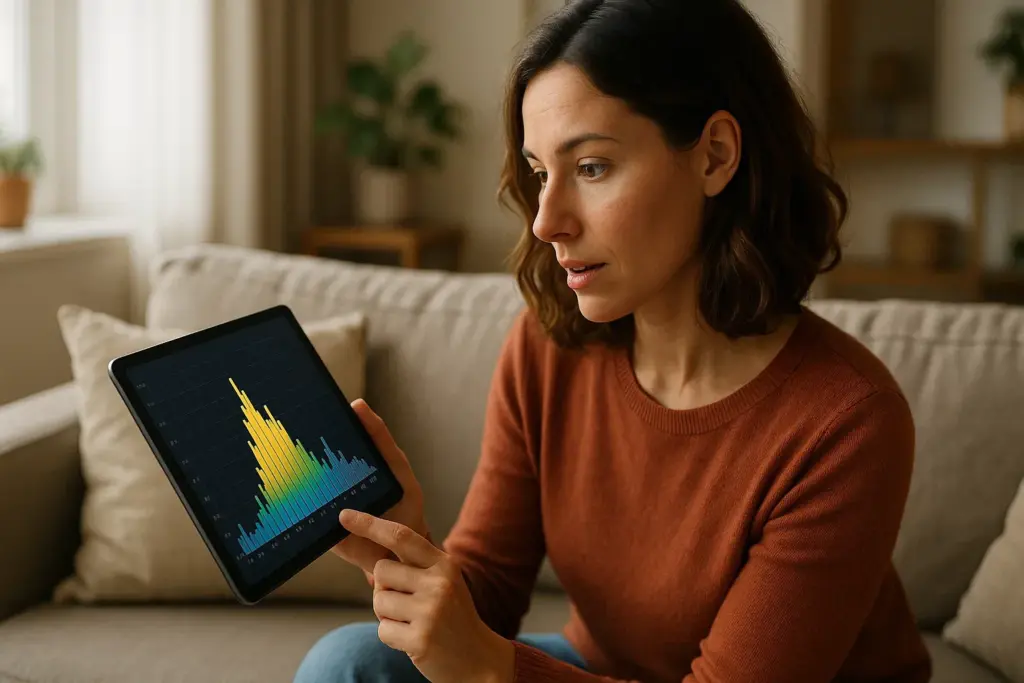 Mujer en su sofá analizando el gráfico de consumo eléctrico de su casa en una tablet, simbolizando el control del gasto gracias a su medidor inteligente.