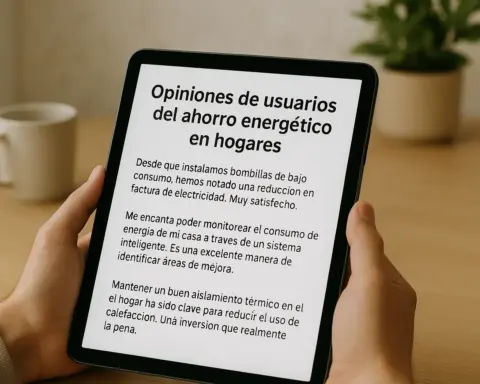 Persona sosteniendo una tablet que muestra opiniones de usuarios sobre el ahorro energético en hogares.