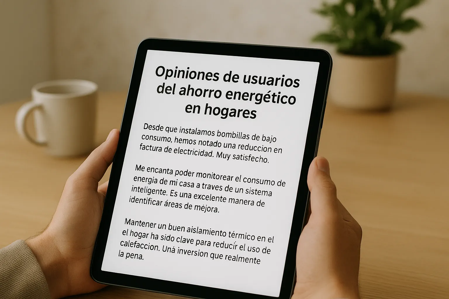 Persona sosteniendo una tablet que muestra opiniones de usuarios sobre el ahorro energético en hogares.