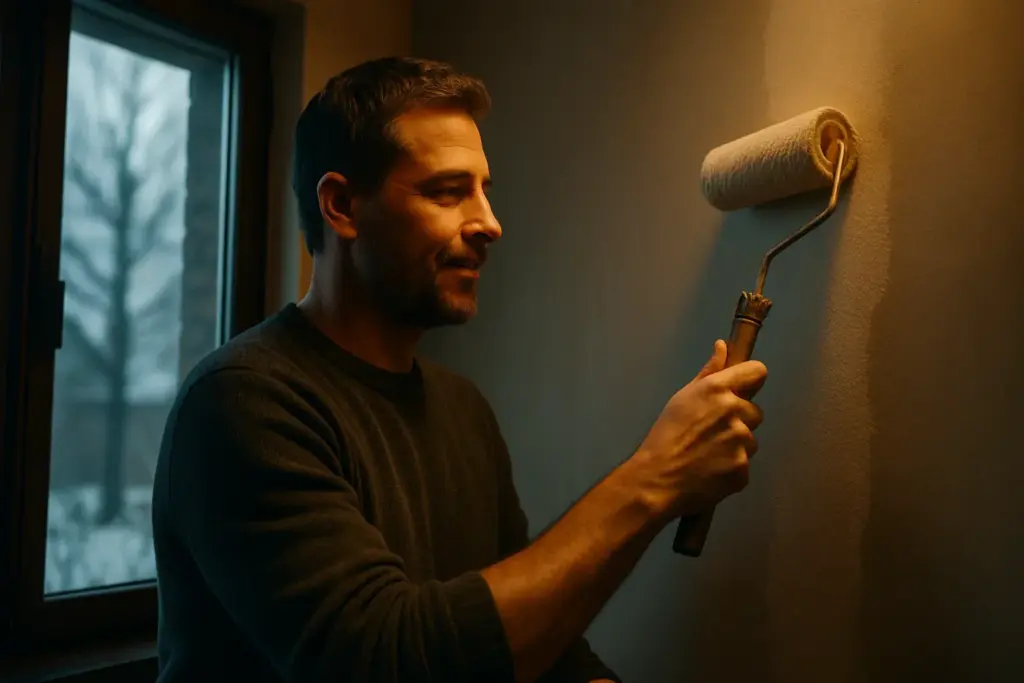 Hombre pintando una pared interior junto a una ventana en invierno, simbolizando el uso de pintura aislante térmica para mejorar el confort y el ahorro energético.