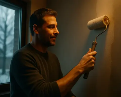 Hombre pintando una pared interior junto a una ventana en invierno, simbolizando el uso de pintura aislante térmica para mejorar el confort y el ahorro energético.