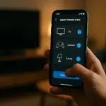 Primer plano de una persona usando una app en su móvil para apagar una regleta inteligente y controlar sus aparatos, simbolizando el ahorro y la comodidad.