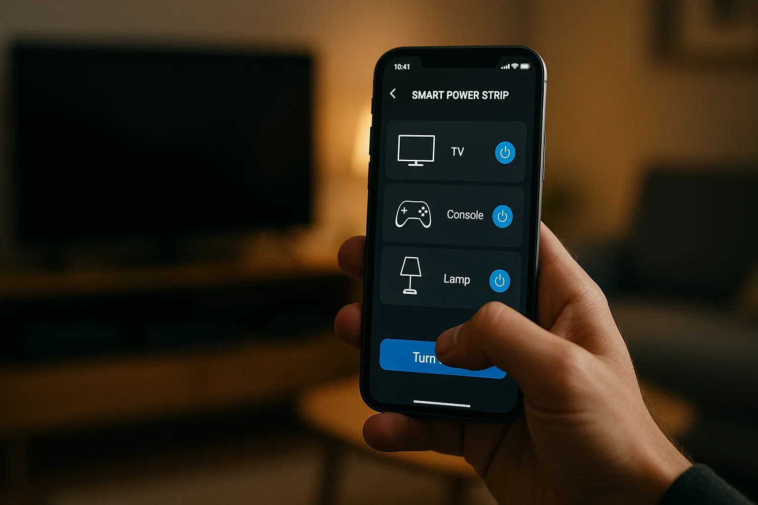 Primer plano de una persona usando una app en su móvil para apagar una regleta inteligente y controlar sus aparatos, simbolizando el ahorro y la comodidad.