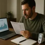 Hombre en su comedor comparando los datos de su factura de la luz con un gráfico de consumo en su portátil, simbolizando el análisis para saber su gasto eléctrico.