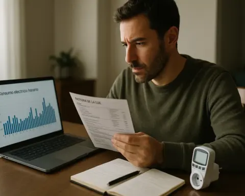 Hombre en su comedor comparando los datos de su factura de la luz con un gráfico de consumo en su portátil, simbolizando el análisis para saber su gasto eléctrico.