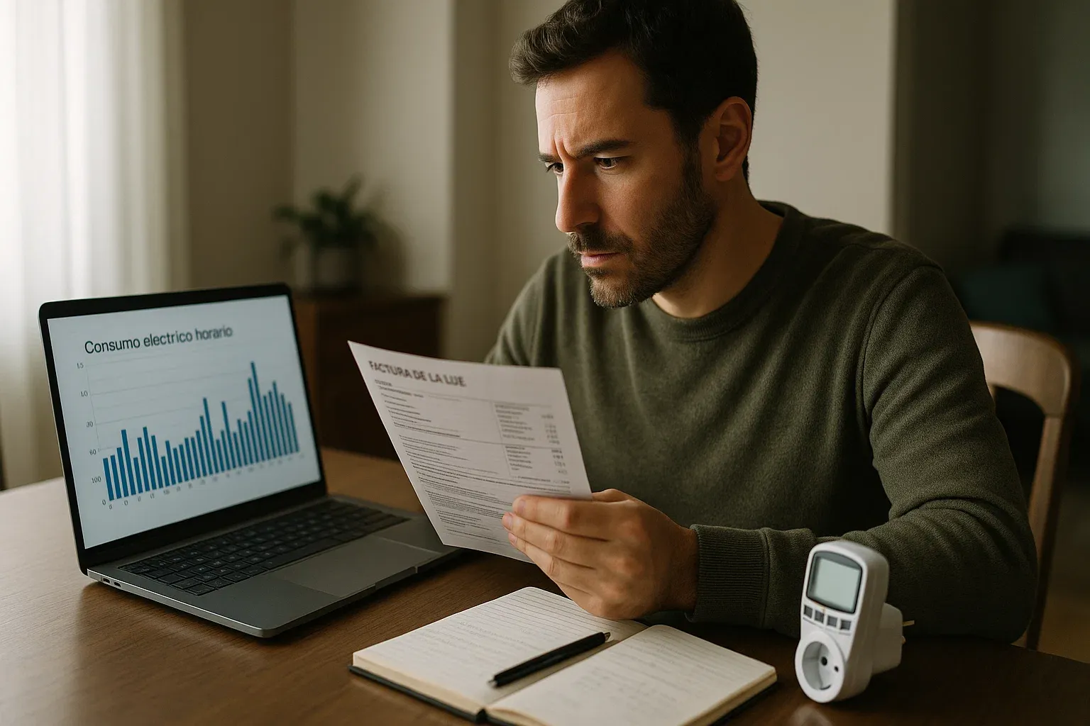 Hombre en su comedor comparando los datos de su factura de la luz con un gráfico de consumo en su portátil, simbolizando el análisis para saber su gasto eléctrico.