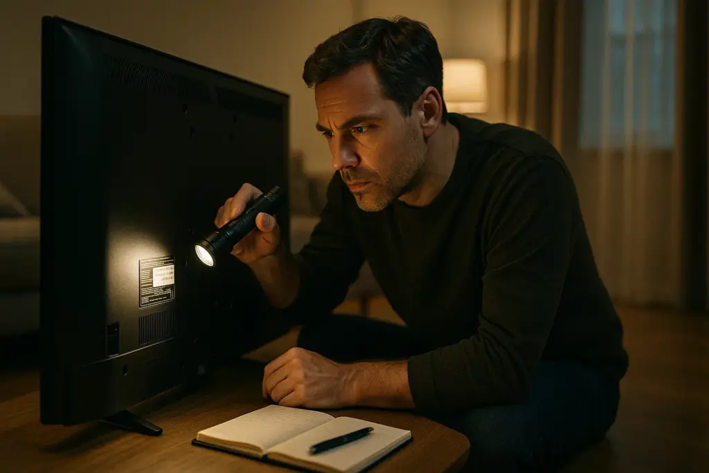 Hombre examinando la etiqueta de especificaciones de un electrodoméstico con una linterna, simbolizando el proceso de buscar la potencia para calcular su consumo eléctrico.