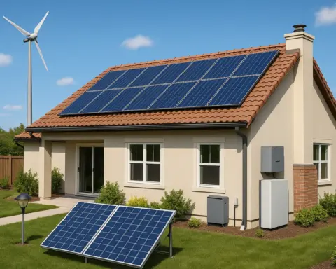 Casa con paneles solares en el tejado y en el jardín, acompañada de un aerogenerador, representando soluciones de energía renovable y autosuficiencia energética en el hogar