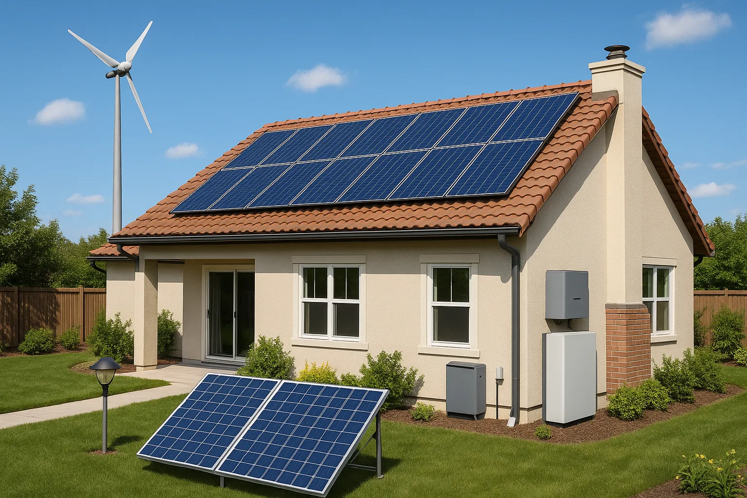 Casa con paneles solares en el tejado y en el jardín, acompañada de un aerogenerador, representando soluciones de energía renovable y autosuficiencia energética en el hogar