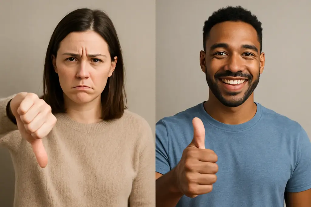 Comparación visual de opiniones: mujer con gesto de desaprobación y pulgar hacia abajo, y hombre sonriente con pulgar hacia arriba, ilustrando ventajas y desventajas del ahorro energético en el hogar.