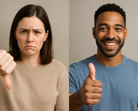 Comparación visual de opiniones: mujer con gesto de desaprobación y pulgar hacia abajo, y hombre sonriente con pulgar hacia arriba, ilustrando ventajas y desventajas del ahorro energético en el hogar.